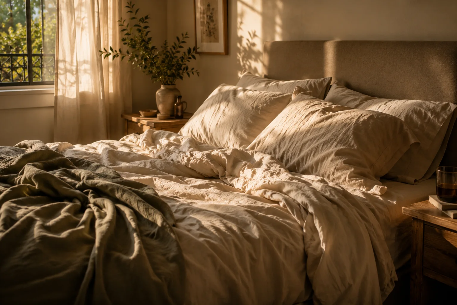 An unmade linen bed in low morning light, duvet pushed back