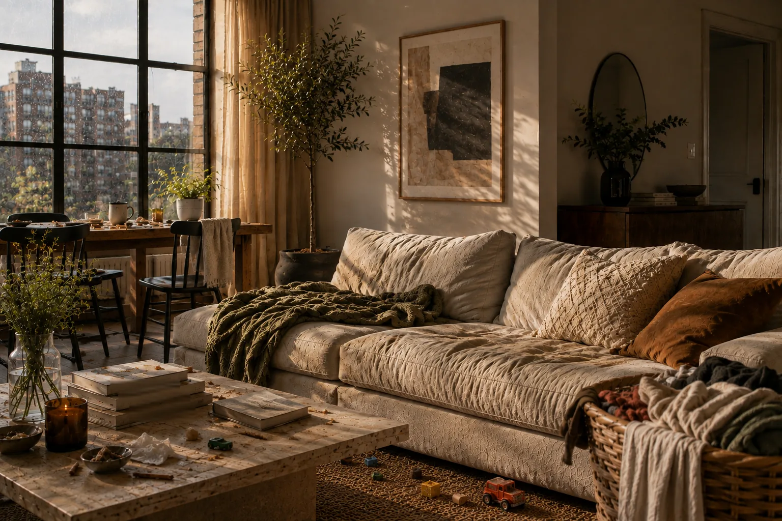 A sunlit living room with a deep linen sectional, olive tree and city windows &mdash; toys on the rug, crumbs on the coffee table and a basket of throws mid-use