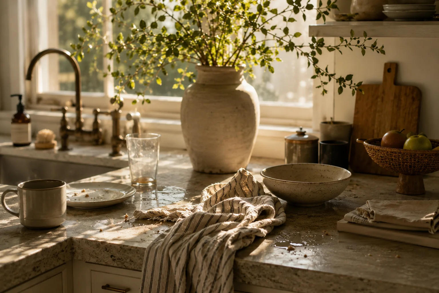 A sunlit stone kitchen counter after breakfast &mdash; a used mug and plate, crumbs, water splashed by the sink and a striped towel left across the counter