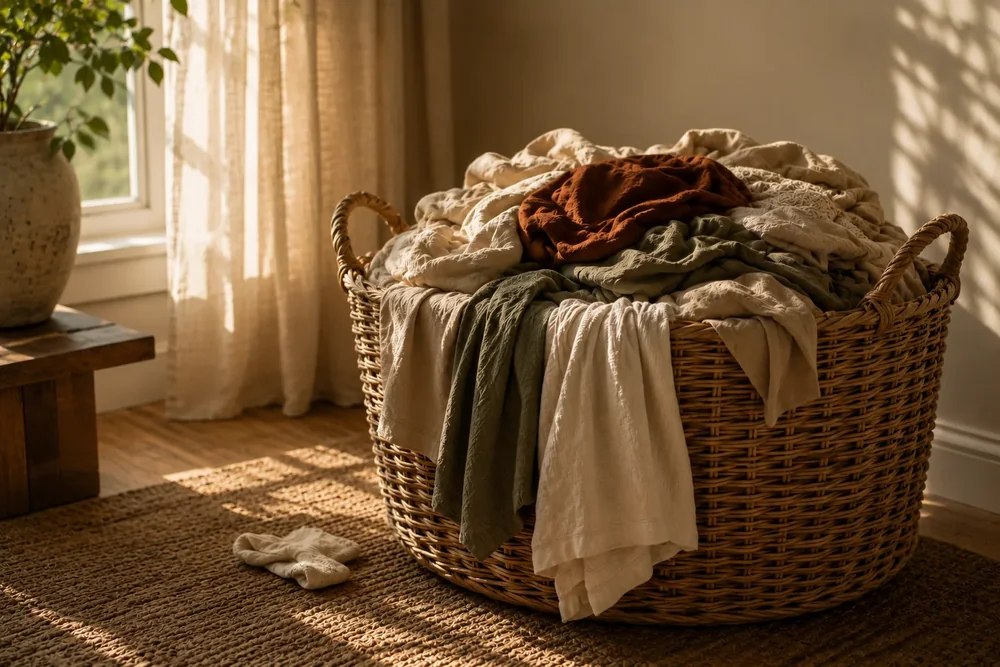 A woven basket overflowing with rumpled linens in morning light, one stray sock on the rug